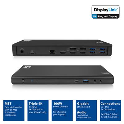 ACT USB-C Dockingstation 4K, voor 2 of 3 HDMI/DisplayPort monitoren AC7048