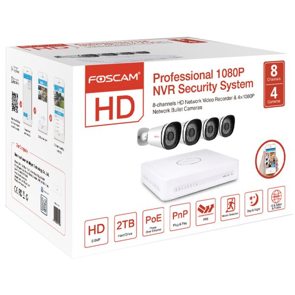 Foscam NVR Kit - 8 channel NVR Kit 4x 1080P IP-Camera 2TB HDD Standard POE