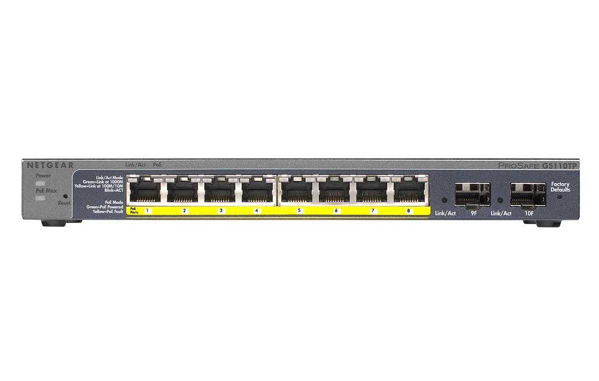 Netgear ProSafe 8 Ports Gigabit POE Smart Switch met 2 Gigabit glasvezel-SFP GS110TP-300EUS