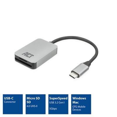 ACT USB-C kaartlezer voor SD en micro SD, SD 4.0 UHS-II AC7056