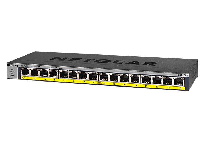 Netgear 16-poorts Gigabit Ethernet unmanaged PoE+ switch GS116PP-100EUS